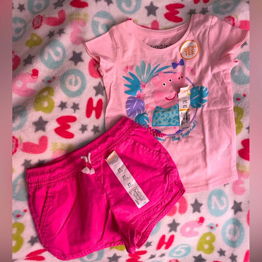 NWT baby girl pink Peppa Pig shirt and shorts set size 24 m and 2T